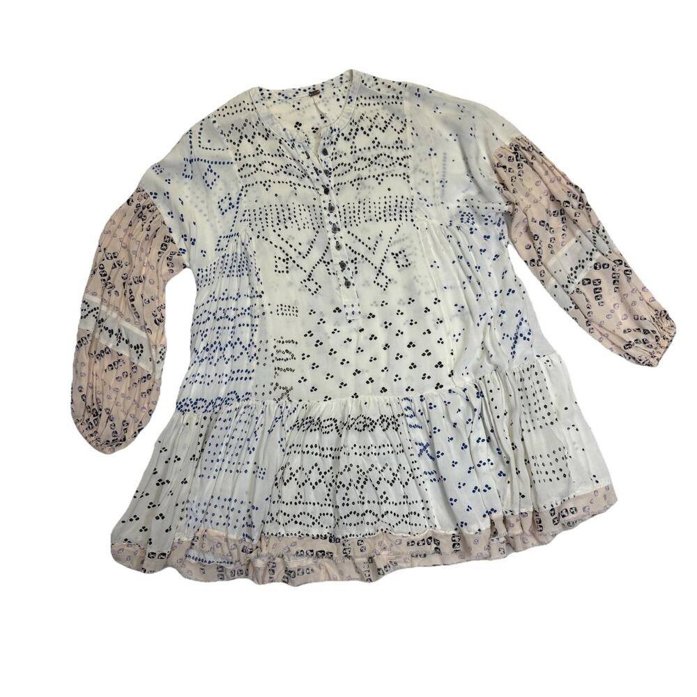 Free People Shibori Tunic Dress Women’s Sz S Long Sleeve Button Front Raw Hem - Picture 3 of 12